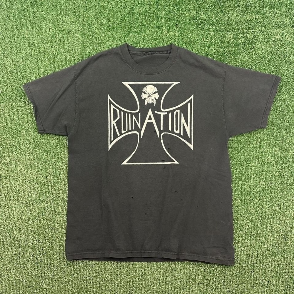 Vintage Faded Black Ruination band tee, faded Skull, distressed with holes.